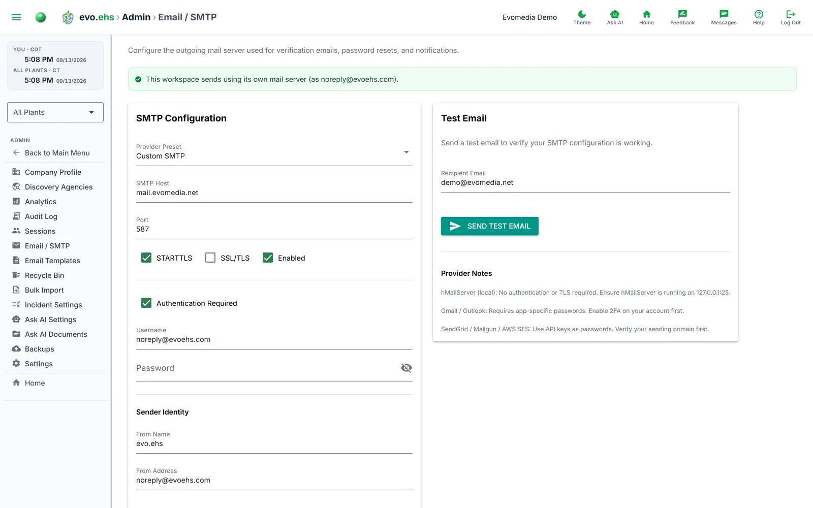 Email / SMTP settings