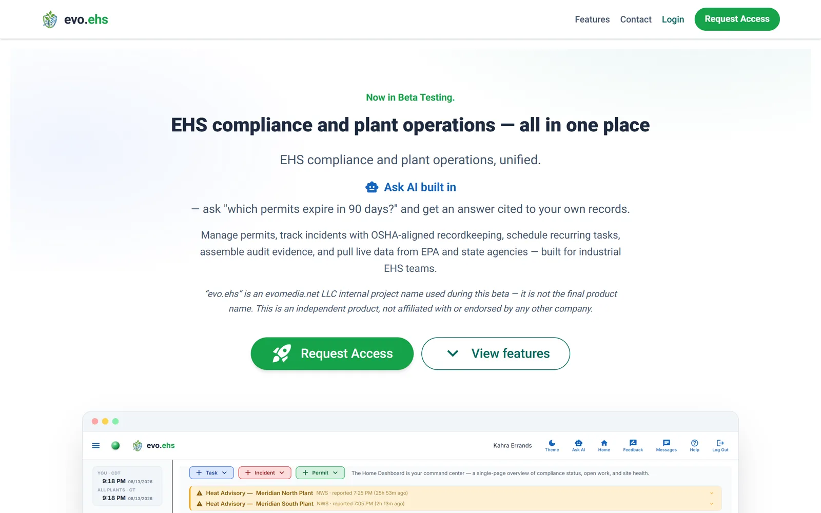 The evo.ehs homepage at evoehs.com
