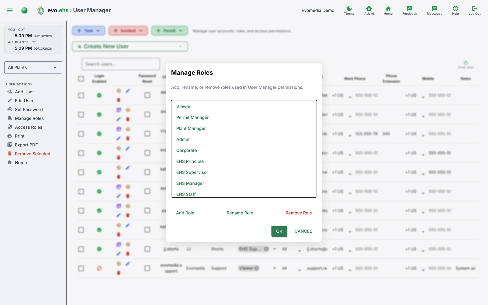 Manage Roles dialog in User Manager