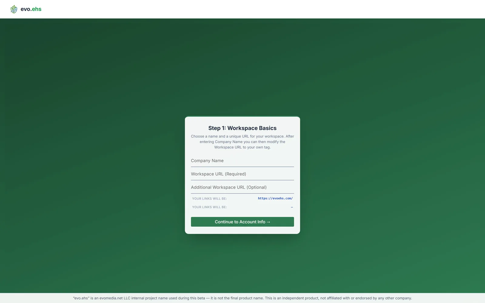 Step 1 of signup: Company Name, Workspace URL, and a live preview of the link your team will use